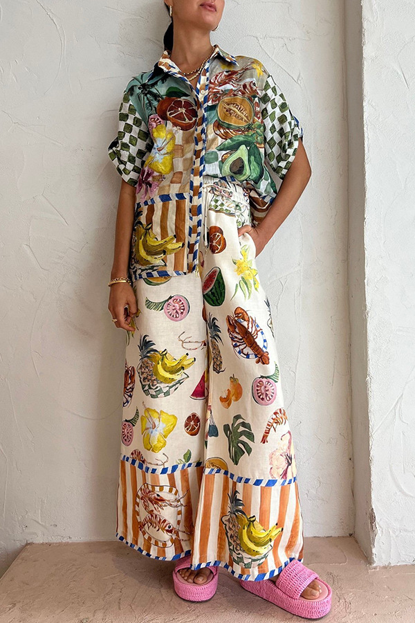 2 Pieces Set Quantity Holiday Women's Vacation Fruit Shrimp Cotton And Linen Printing Pant Co-ord Set Pants Sets