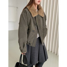 GAGD 巴恩风秋冬复古工装短款可拆卸毛领麂皮pu棉服皮夹克外套女