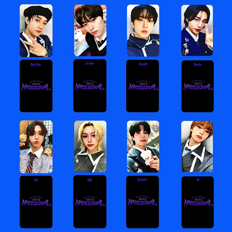 Набор фотокарт Straykids SKZ Magic School, двусторонние 54×85 мм, мелованная бумага, 8 шт.