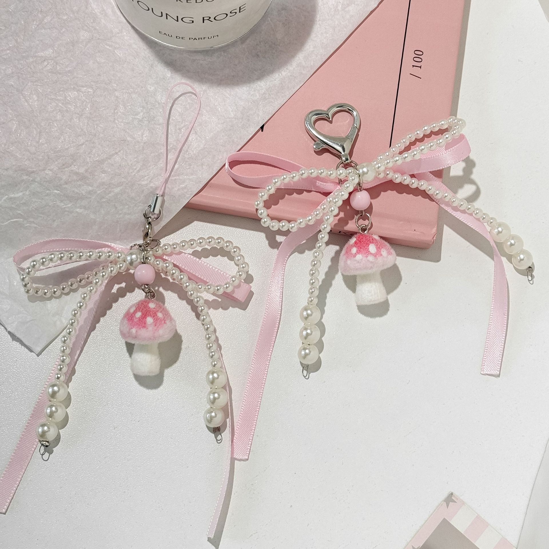 Korean Ribbon Pearl Bow Mobile Phone Hanging Chain Cute Mushroom Bag Hanging Keychain Ins Style Girly Heart Pendant