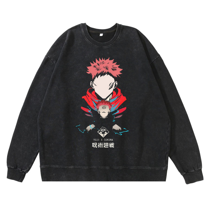 New Style Washed Vintage Dark-Style Jujutsu Kaisen Anime Print Street Retro Sweatshirt Street Fashion Crewneck Sweatshirt
