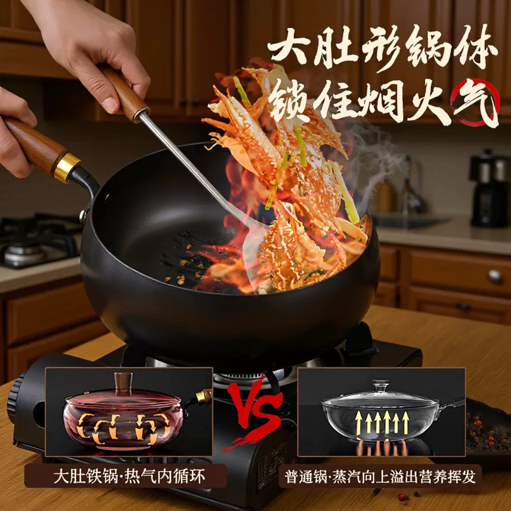 苏泊尔古法大肚锅精铁锅不粘锅一人食家用小炒锅无涂层炒菜锅煎锅