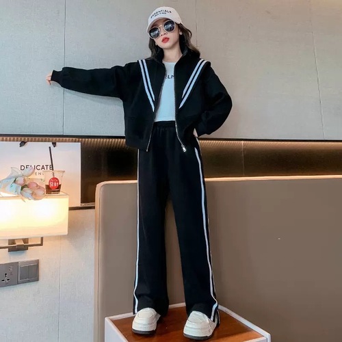 Girls' autumn zipper shirt suit spring and autumn new Korean style middle and large children's fashion casual student wear sports two-piece set