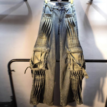 欧洲站2025春秋新款压褶设计感高腰显瘦工装裤直筒牛仔长裤女潮牌