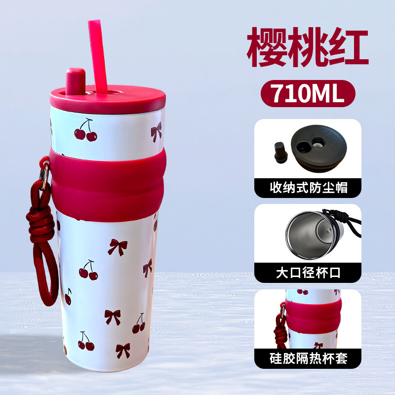 見栄えの良いステンレス製魔法瓶カップ、大容量、ポータブルストローカップ、女性用フレッシュコーヒーカップ、アウトドア用ロープ付き|undefined