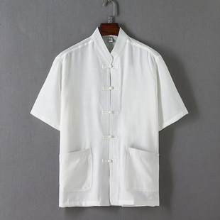 Tang Suit Men's Short-Sleeved Summer Clothes Men's Han Dynasty Middle-Aged Linen Shirts Men's Dad Clothes Cotton and Linen Loose Pure Color Tops Summer