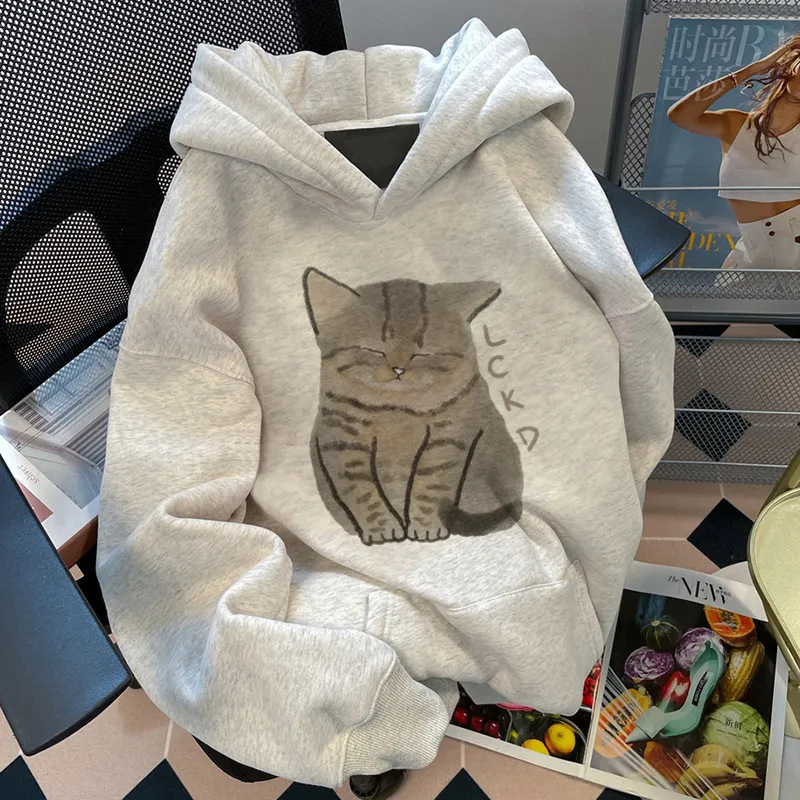 2024 College Style Cat Print Velvet Hooded Sweatshirt Women's Autumn and Winter Loose Design Easiest for Match Top 2024 College Style Cat Print Velvet Hooded Sweatshirt Women's Autumn and Winter Loose Design Easiest for Match Top