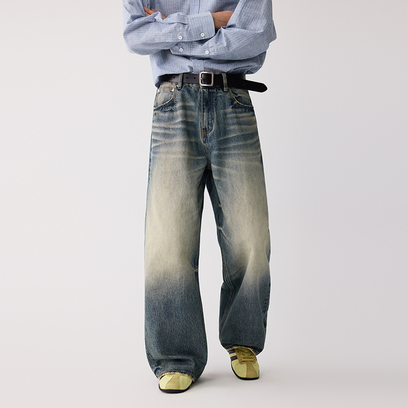 Ottb Men's Clothing | American High Street Three-Dimensional Whiskered Jeans for Men, Autumn Washed Distressed Battle Denim Heavy Pants