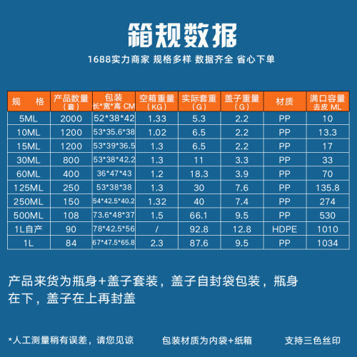 Sealed wide-mouth bottle 5ML-1L high temperature resistant transparent brown light-proof reagent bottle PP food grade chemical plastic bottle