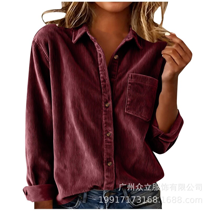 2025 European and American Cross-Border Autumn and Winter New Striped Lapel Long-Sleeve Women's Corduroy Casual Loose Thick Shirt Jacket for Women
