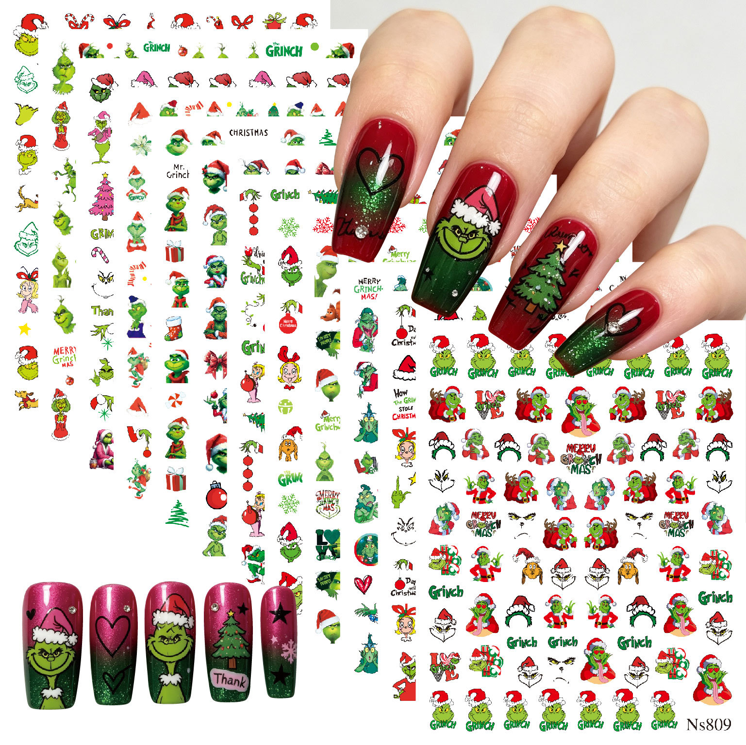 New Christmas Cartoon Grinch Nail Art Stickers Green-Headed Monster Nail Art Stickers Ns809-820