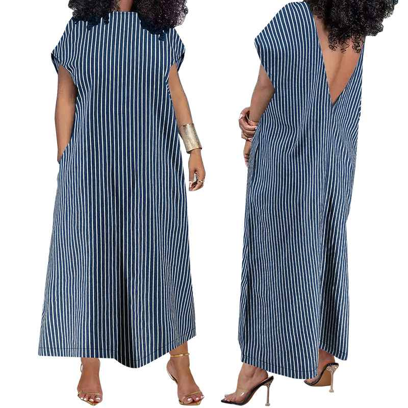 Plus Size Women's Clothing Denim Long Dress Sleeveless Round Neck Striped Pattern_ecoleips.com
