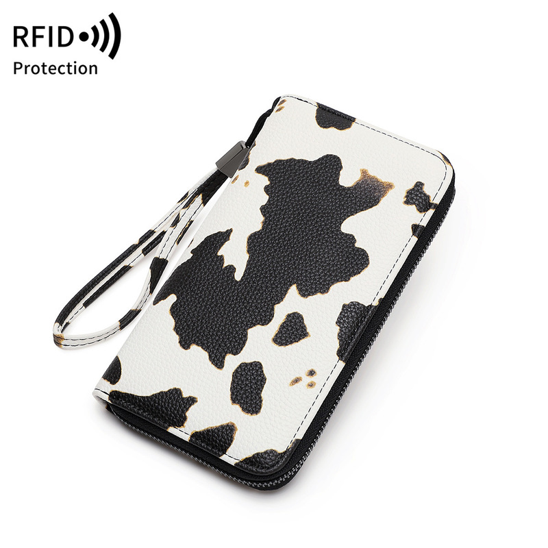 Foreign Trade Cross-Border New Women's Wallet Rfid Multi-Functional Large-Capacity Accordion Card Holder Printed Cow Pattern Clutch Bag