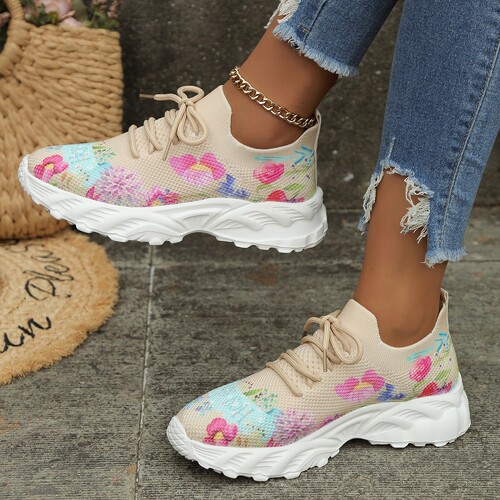  autumn and winter new foreign trade large size women's casual shoes temu flower pattern wedge heel sports shoes for women