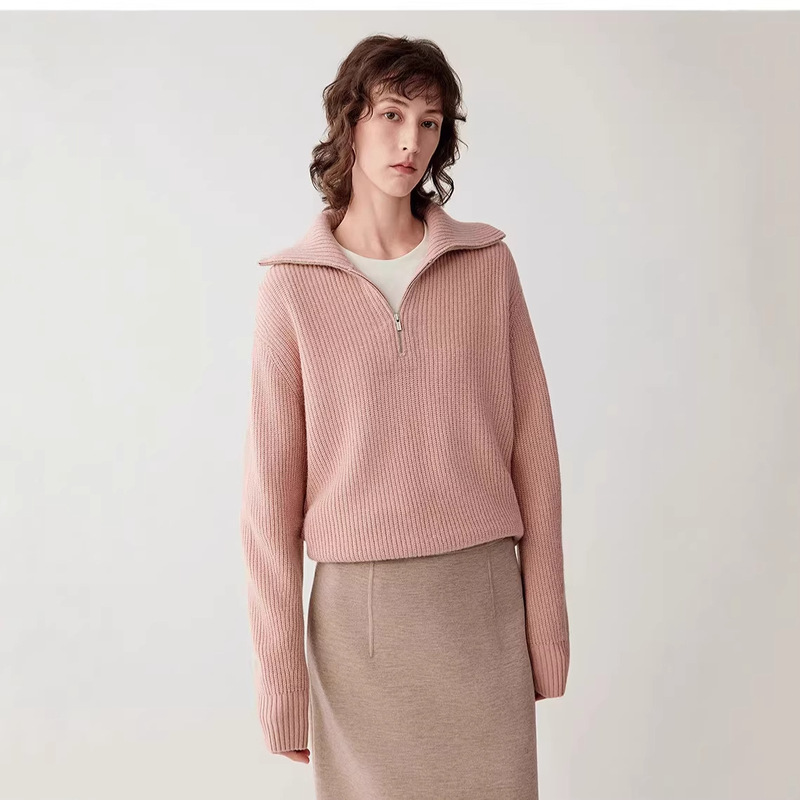 Hanko Ic Xiaohuo Pink Yak Wool Half-Zip Pullover Knit Sweater for Women in Spring Hanko Ic Xiaohuo Pink Yak Wool Half-Zip Pullover Knit Sweater for Women in Spring