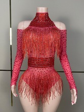 夜店酒吧红色手工满钻长袖连体短裤DJ女歌手GOGO性感表演服演出服
