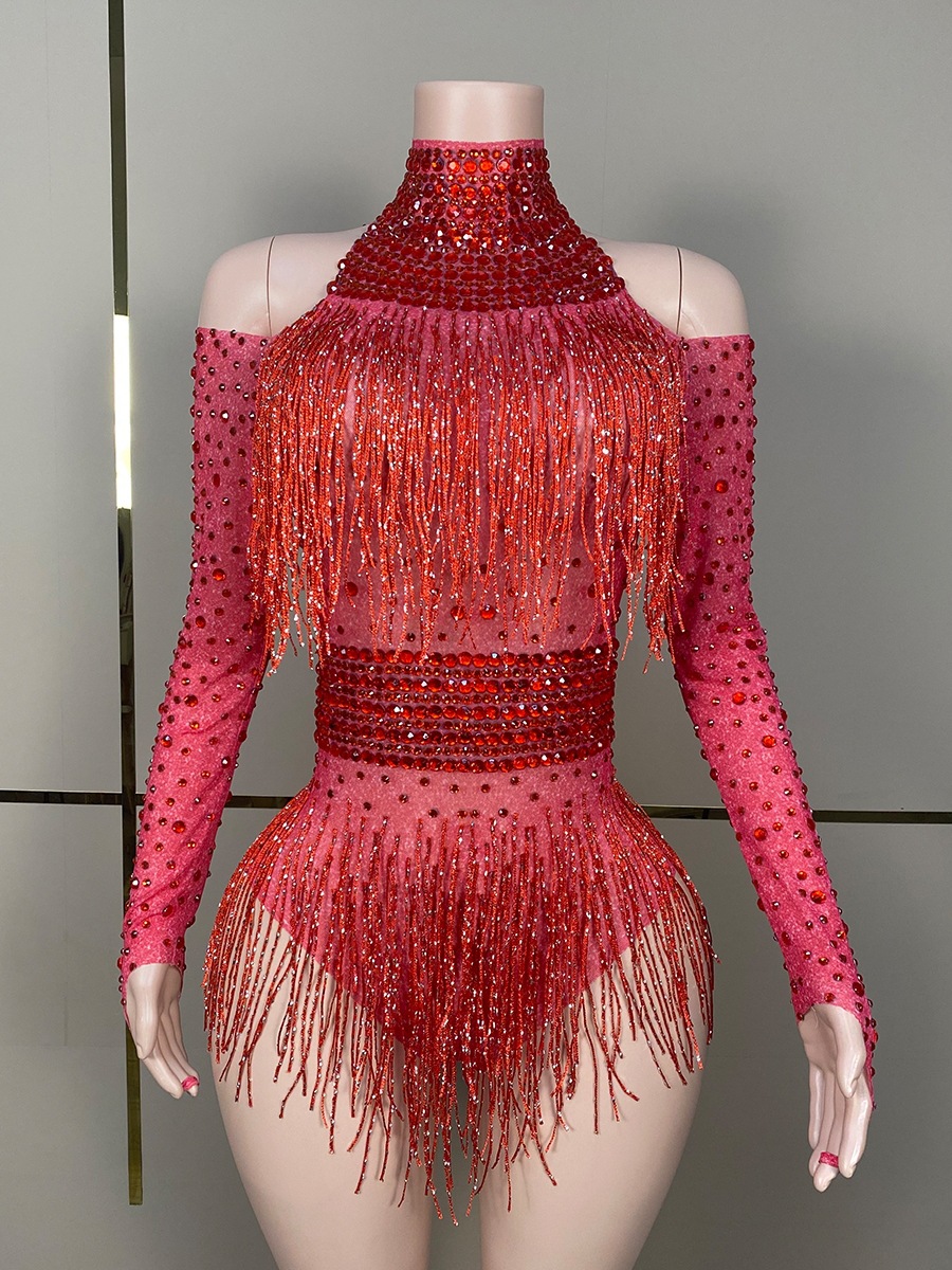 夜店酒吧红色手工满钻长袖连体短裤DJ女歌手GOGO性感表演服演出服