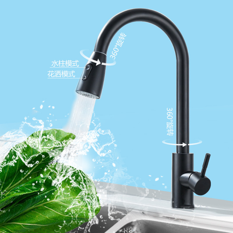 Stainless Steel Black Pull-Out Telescopic Kitchen Sink Faucet with Showerhead, Hot and Cold Swivel Faucet, Cross-Border