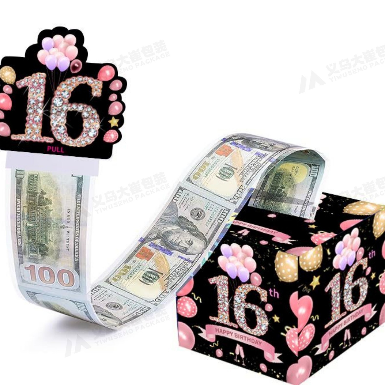 즉시 배송 가능한 블랙 & 핑크 풍선 16세 생일 파티 박스