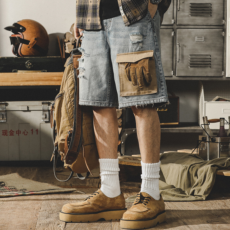 Jayleno American Retro Denim Shorts Men's Summer Loose Large Size Rick Workwear Pants Men's Trendy Mid-length Pants