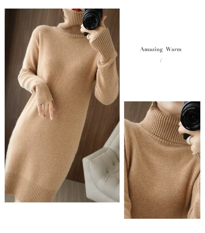 2022 Casual Autumn Winter Knitted Sweater Pullovers Dress Women Basic Loose Turtleneck Sweater Female Warm Long Dress WF192 brown sweater