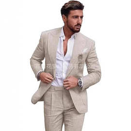 新款亚马逊速卖通外贸亚麻商务休闲西服男士套装新郎婚礼服晚宴会