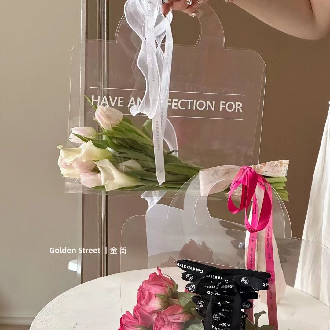 高透PVC镜花手提袋花店鲜花包装盒透明鲜花包装手提包现货批发