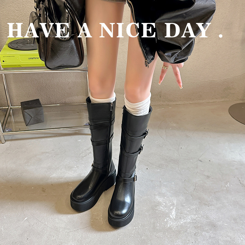 ナイトブーツ レディース 2025 秋冬新作 厚底レザー 高め プチブーツ レディース ハイブーツ アイドル フラット 替え