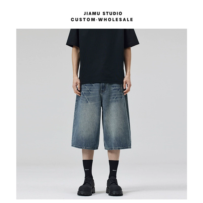 JIMAU американская молния трещина baggy jeans джинсы семь очков мужские прямые широкие ножки нейтральные шорты