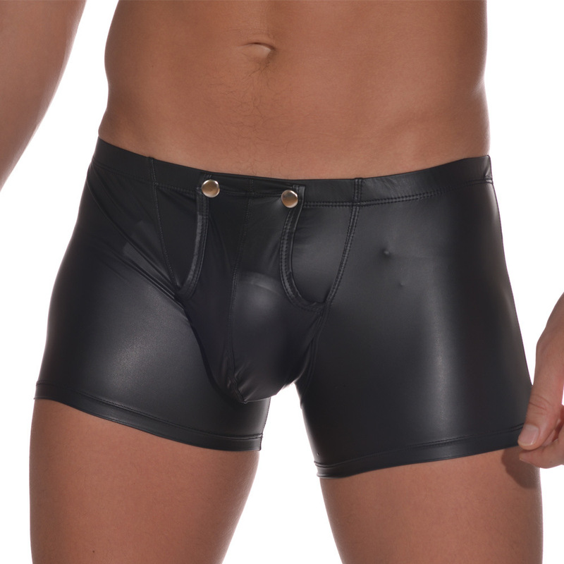 Pu Leather Men's Boxer Briefs, Faux Leather Sexy Underwear, U-Convex Underwear, Detachable Button Underwear, Low-Waist Open-Crotch Briefs Pu Leather Men's Boxer Briefs, Faux Leather Sexy Underwear, U-Convex Underwear, Detachable Button Underwear, Low-Waist Open-Crotch Briefs
