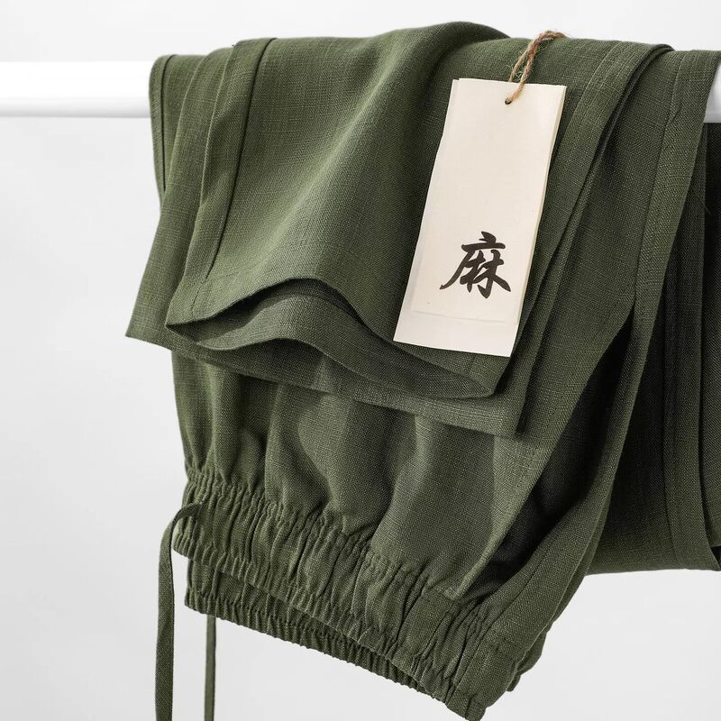 Forest-Style Oxygen Vibe! Breathable Linen! Vintage Tea Green 220g Heavyweight Loose Straight Wide-Leg Pants for Men and Women in Spring