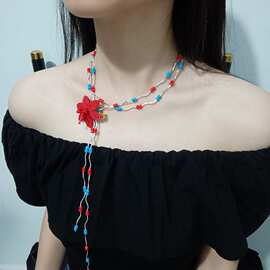 春夏新款蓝色串珠花朵项链撞色高级感锁骨链甜美时尚个性颈链女