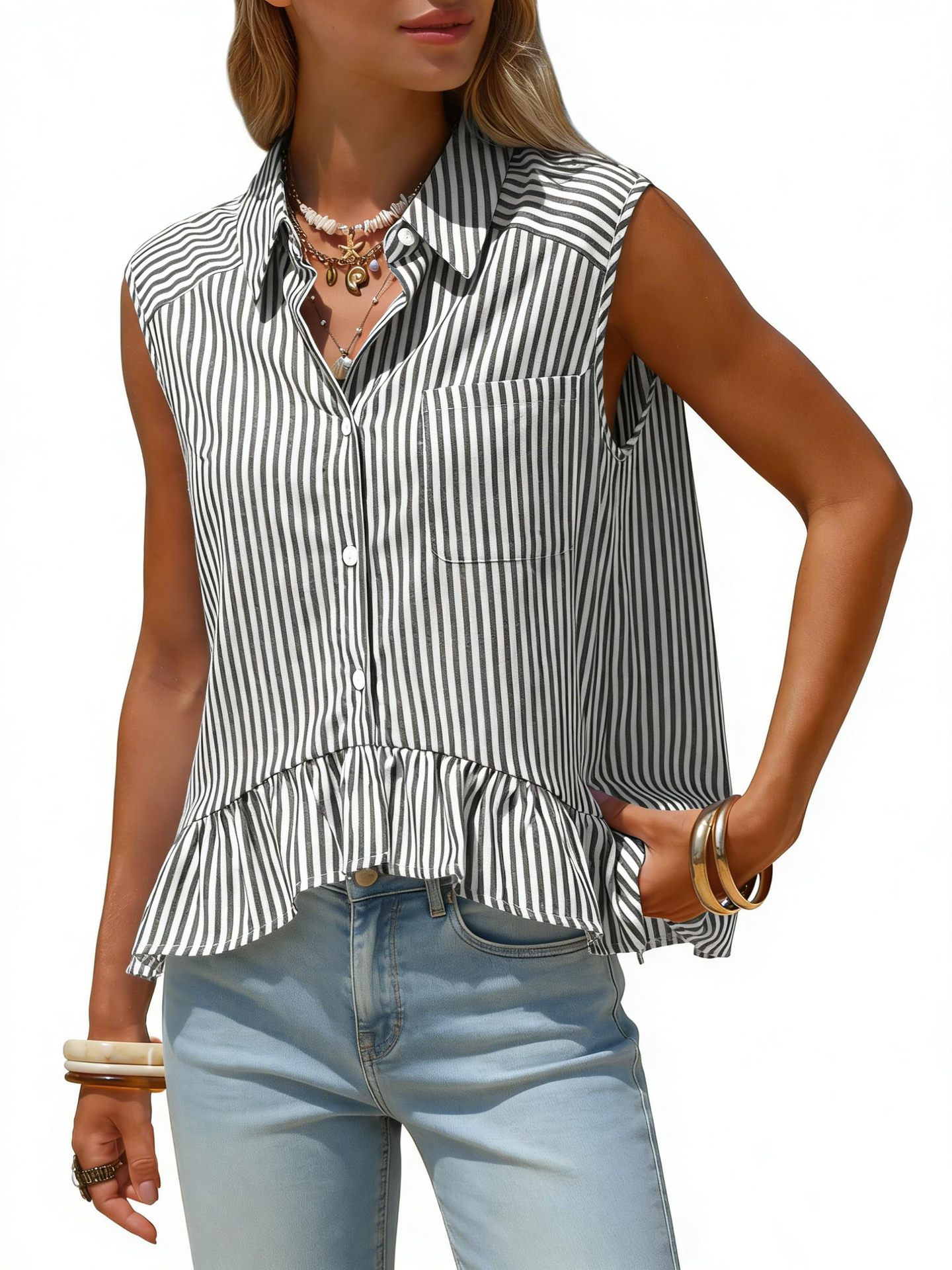 Women's Sleeveless Striped Shirt Casual Button-Up Top Summer Style American Clothing Polyester Blouse_ecoleips.com