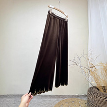 新中式国风花边丝绒直筒裤2025秋季新款松紧腰简约休闲后兜裤子女