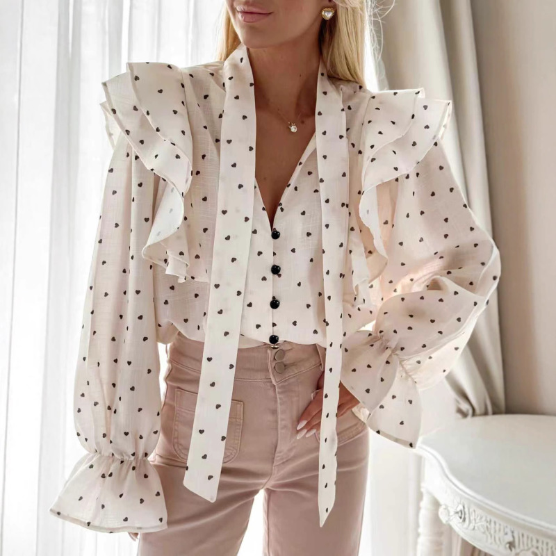 New European and American Cross-Border French-Style High-End Ruffled Polka Dot Long-Sleeved Shirt for Women, Spring and Autumn Bow-Knot Shirt Top