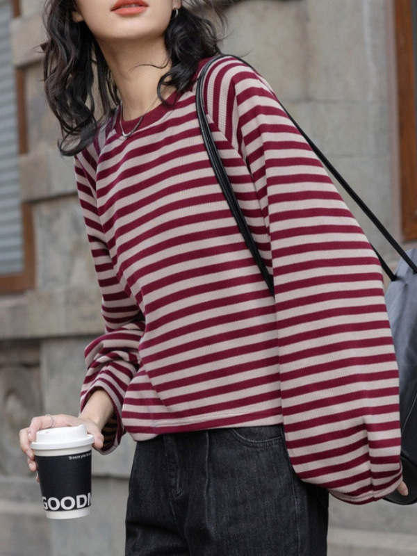 城市平行线秋季复古撞色条纹圆领上衣简约宽松遮肉舒适好搭女卫衣|undefined