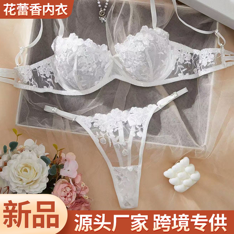 새로운 숙녀 신선한 섹시한 인쇄 자수 란제리 투명 유혹 섹시한 브래지어 두 조각 세트
