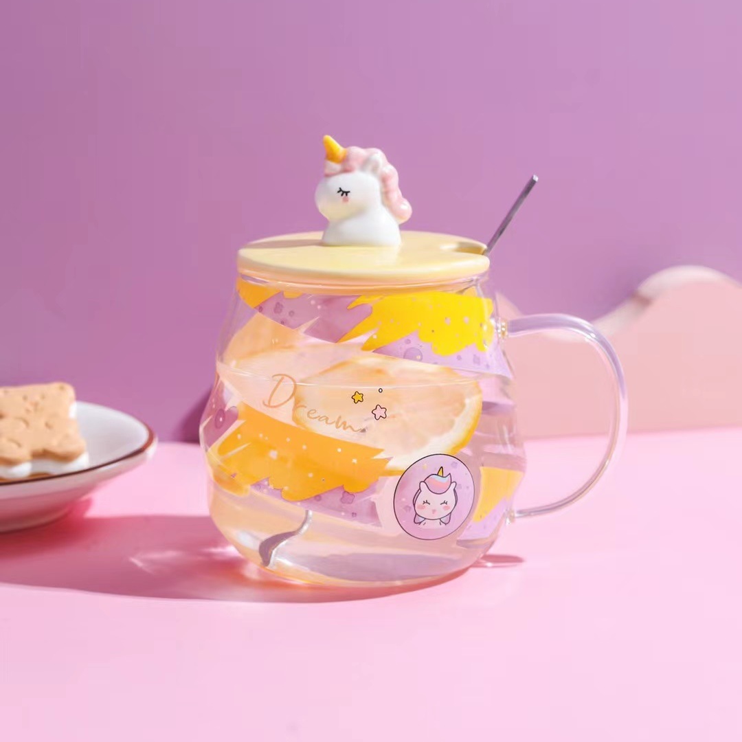 Creativo espiral taza unicornio 3D taza de dibujos animados con tapa cuchara vidrio transparente taza de agua taza de la Oficina
