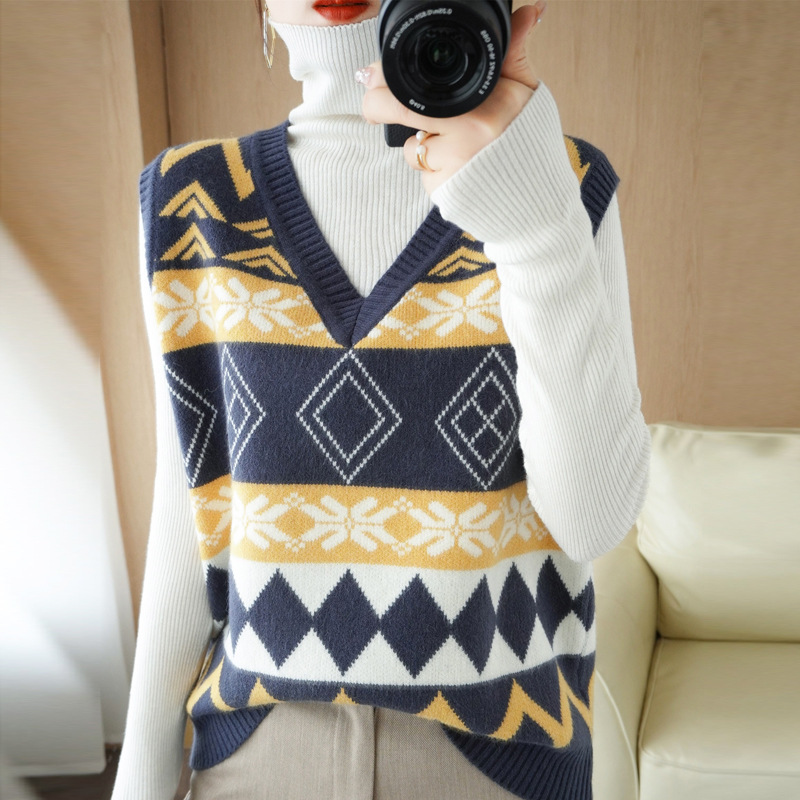 Worsted Wool V-Neck Vest Women's 2023 Autumn and Autumn Sleeveless Vest Color Matching Plaid Vest Sweater Outer