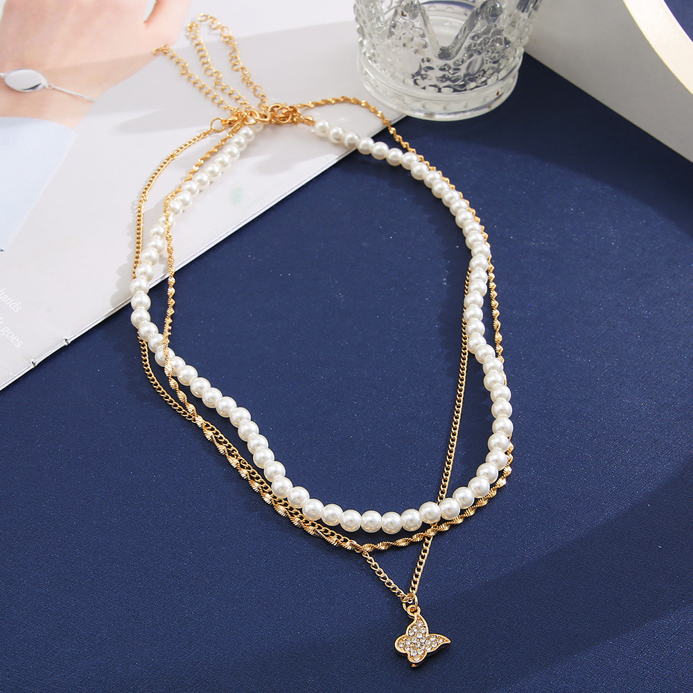 Creative Personality Full Diamond Butterfly Pearl Three-layer Necklace display picture 2