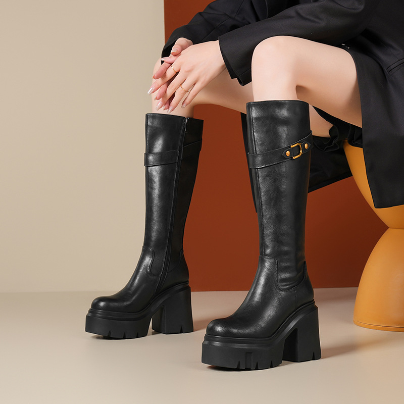 Boot nữ cổ cao ôm bắp chân khóa kéo đế dày gót cao — Lót nhung đen