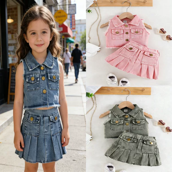 Amazon Cross-Border European and American Children's Clothing Set, New Summer Style, Washed Denim Sleeveless Vest and Pleated Short Skirt Two-Piece Set