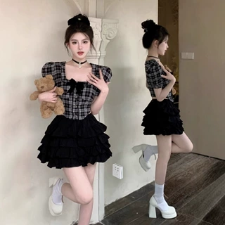 法式复古蝴蝶结方领衬衫女夏季泡泡袖短款半身裙修身小众裙子