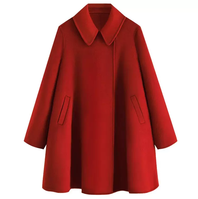 23年复古红色斗篷双面羊绒大衣女小个子通勤气质A版羊毛呢子外套