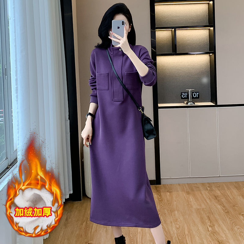 长款过膝休闲卫衣裙女2025秋冬新款大码宽松遮肚百搭立领连衣裙潮|undefined
