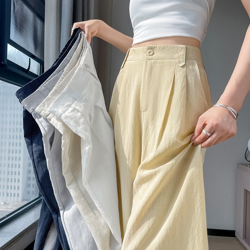 女性のための夏のリネンワイドレッグパンツ 2025 新しい薄い半弾性ウエスト気質スリムストレートスーツフロアモップパンツ|undefined