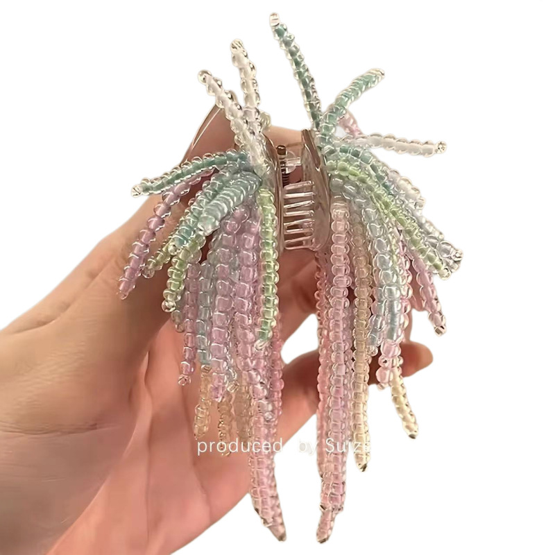 绽放烟花！彩色串珠小号抓夹！超仙甜美盘发半扎发马尾鲨鱼夹头饰|undefined
