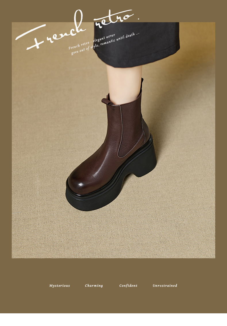 Boot Chelsea nữ da bò mũi tròn đế nêm siêu cao gót cổ ngắn mùa thu đông — Lớp lót nhung đen, đen, Lớp lót nhung màu nâu, nâu chi tiết 1