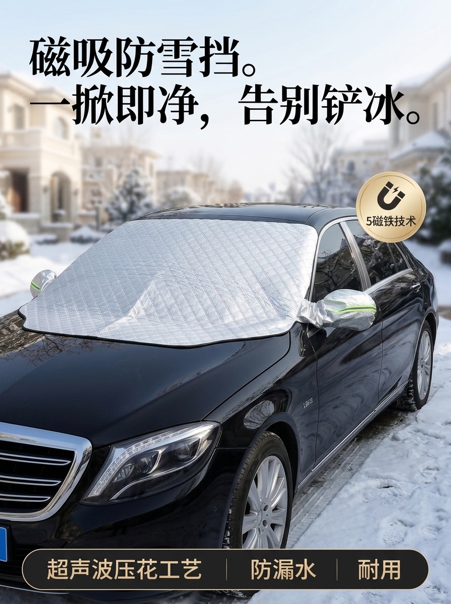 Car snow cover for front windshield, thickened anti-freeze and anti-frost sunshade, universal 5-magnet car cover half cover