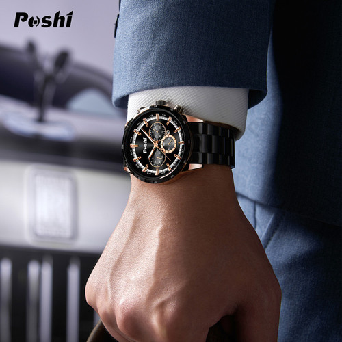 PoshiI cross-border new calendar fake three-eye decoration waterproof luminous men's quartz movement steel band men's watch